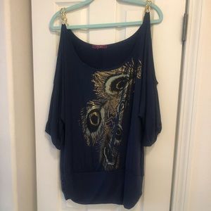 Blue shoulderless blouse with Gold embellishment. Size extra large?